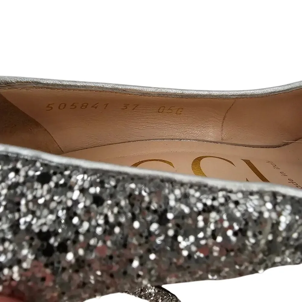 Gucci Virginia Heel Pump Size 37 US 7 Silver Glitter Pink Sole Pointed Toe